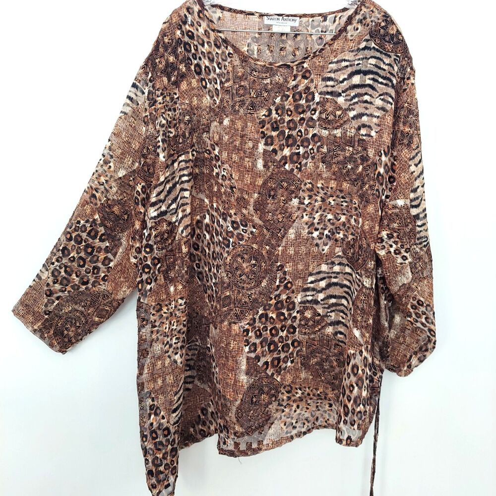 VTG Sharon Anthony 32W Leopard Top Sheer Coverup Metallic Animal Asymmetric